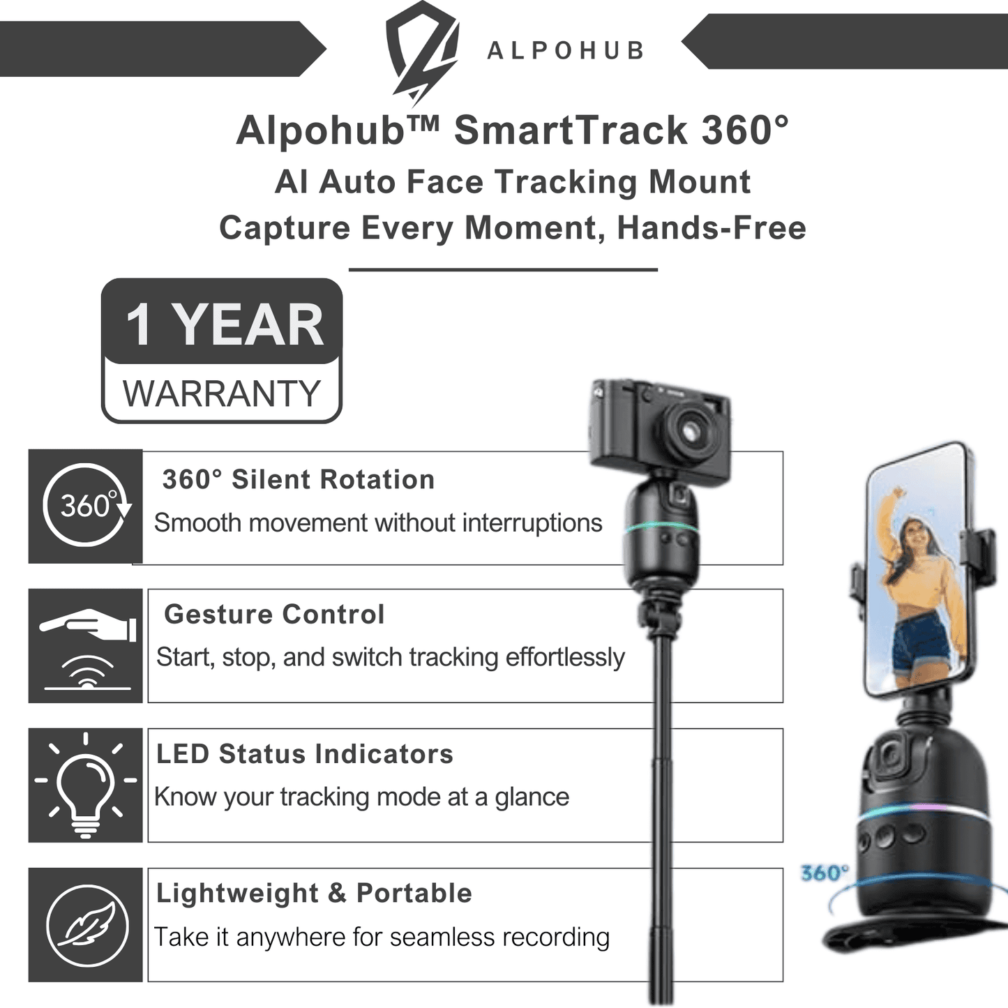 Alpohub™ Smart 360° Auto Face Tracking Tripod