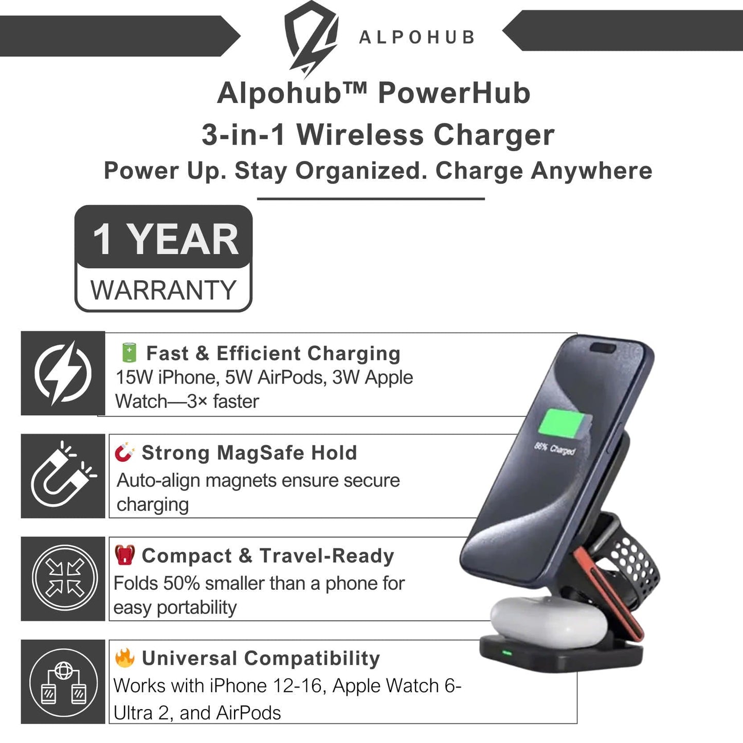 Alpohub™ PowerHub 3-in-1 Wireless Charger