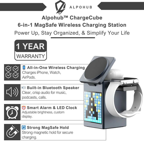 Alpohub™ 6-in-1 Magnetic Wireless Charger with Bluetooth Speaker & Alarm Clock