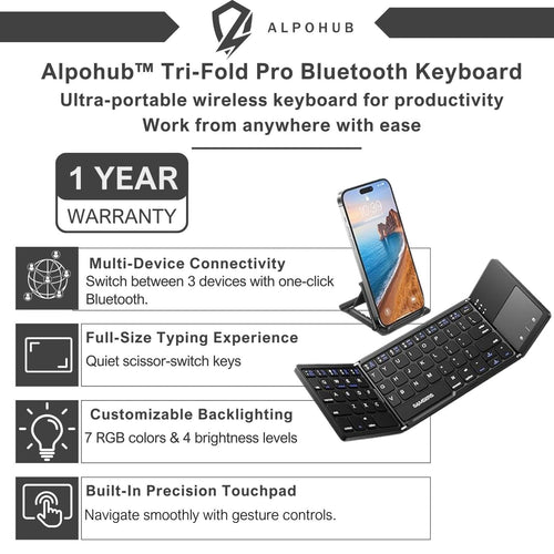 Alpohub™ FlexFold Keyboard – Compact Bluetooth Keyboard with Touchpad