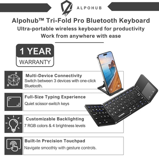 Alpohub™ FlexFold Keyboard – Compact Bluetooth Keyboard with Touchpad