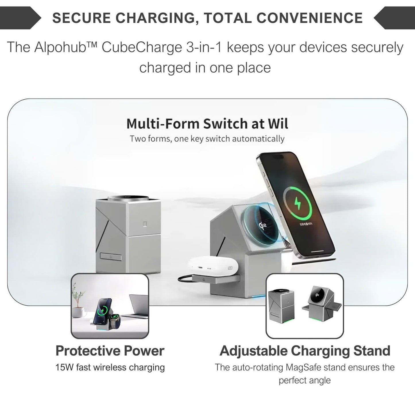 Alpohub™ CubeCharge 3-in-1 Wireless Charging Station